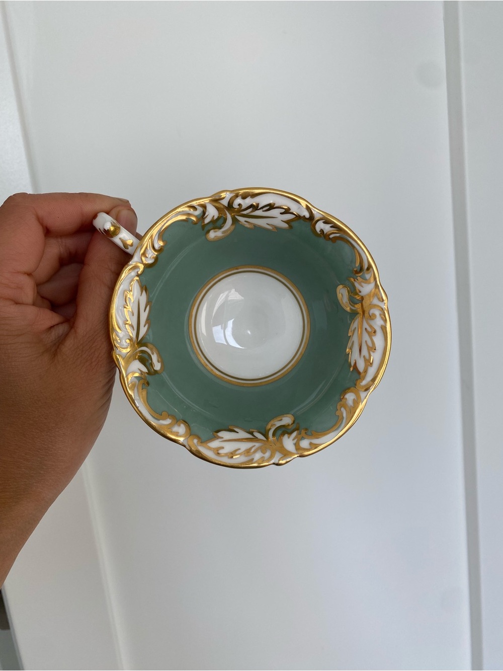 Paragon Warranted Teacup and Saucer - Golden Leaves on Green Celadon - 1950's
